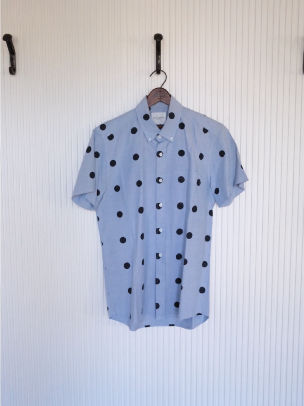 Saturdays New York City Light Blue Short-Sleeve Button-Up with Black Polka Dots